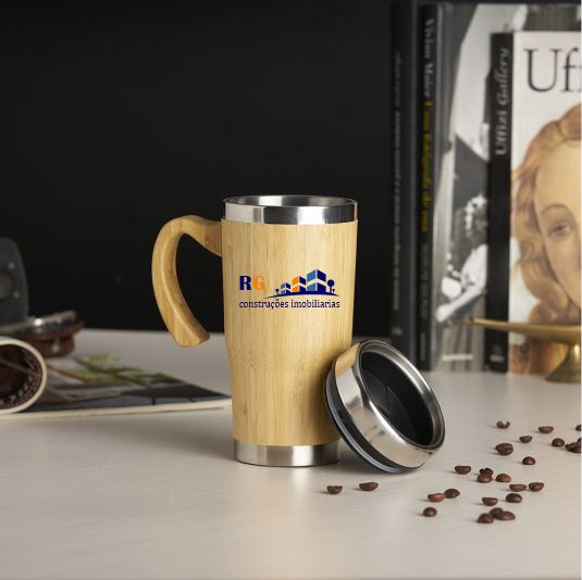 Exemplo de grava��o a laser personalizada em caneca de bambu para brindes corporativos em BH.