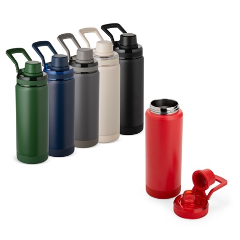 Garrafa t�rmica 600ml na cor verde militar posicionada sobre uma mesa de escrit�rio.